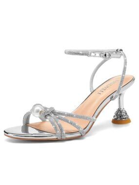 FINDVELL Women's Kitten Heels Rhinestone Pearl Low Heel Sandals Strappy Sparkly